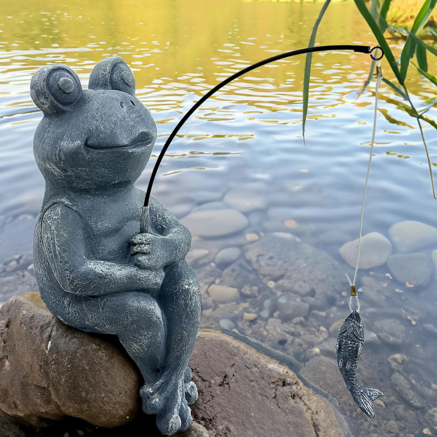 9.5" Fishing Frog Stone Look Sculpture, Whimsical Lawn Yard Art, Funny Garden Pond Fisherman Statue, Resin Animal Decorative Figurine, Ideal for Frog Fishing Lovers-VerdiqueGarden