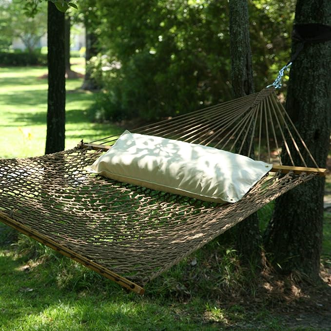 Hatteras Hammocks Deluxe Antique Brown DuraCord Rope Hammock – 13 ft. x 60 in., 2-Person, 450 lb Capacity, Cumaru Spreader Bar, Zinc-Plated Hardware – Handcrafted in The USA-VerdiqueGarden