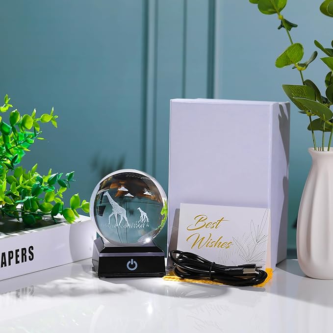 Giraffe Gifts for Women Men 3D Crystal Ball 3.14'' - Laser Giraffe Decor Glass Animals Figurines Statue Stuff for Room Night Light Giraffe Gifts for Mom-VerdiqueGarden