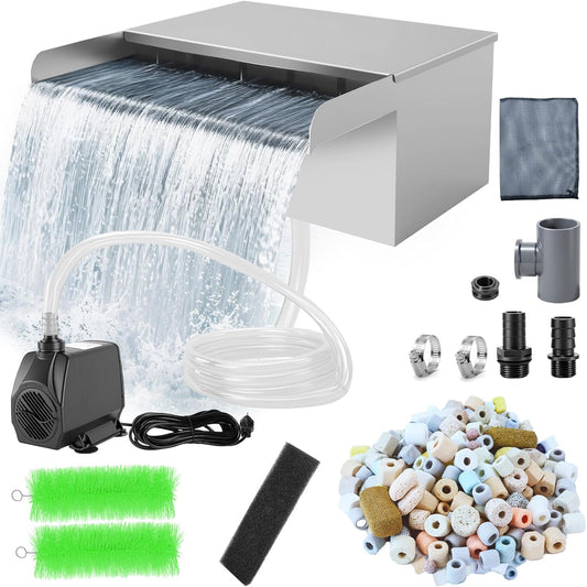 Pond Waterfall with Filter and Pump Kit, 304 Stainless Steel Waterfall Box for Ponds, 11.8in Spillway, 800 GPH Submersible Pump, 9.8' Hose, Sponge Filter, for Garden Pond, Water Feature, Aquaponics-VerdiqueGarden