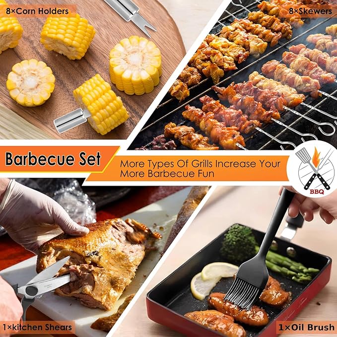 Yoehka BBQ Grilling Accessories Set, 34Pcs Heavy Duty Grill Tools for Outdoor Camping, Grilling Gifts for Men Dad, Stainless Steel Barbecue Utensils Kit with Mats and Glove in Carrying Bag, Silver-VerdiqueGarden