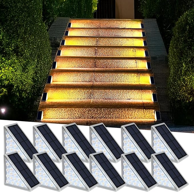 LED Solar Step Lights Waterproof Outdoor Stair Lights, Warm White Solar Deck Lights IP67 Solar Decoration Lights for Yard, Patio, Garden, Walkways, Front Door, Pathway, Driveway, Porch 12 Pack-VerdiqueGarden