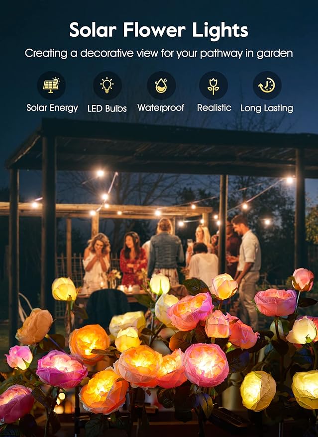 Brightown Solar Garden Lights - 4 Pack Solar Flowers Lights with Larger & More Realistic Austin Rose, Bigger Solar Panel, Solar Lights for Outside Waterproof for Yard Patio Garden Decoration-VerdiqueGarden