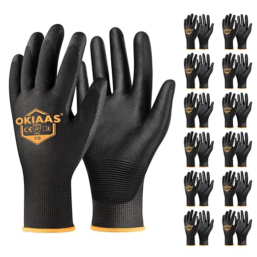 OKIAAS Men's Ultra-Thin and Lightweight Working Gloves with Grip, 12 Pairs, Black, Small-VerdiqueGarden