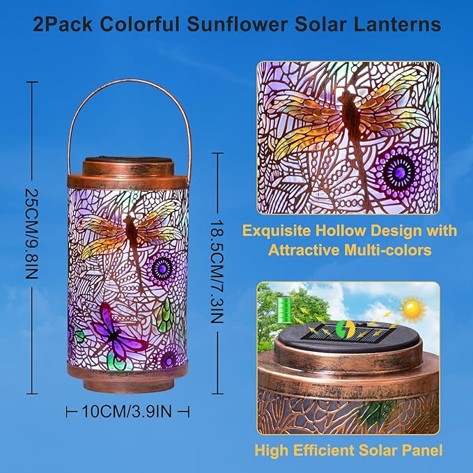 Go2garden 2Pack Solar Outdoor Lanterns Waterproof Dragonfly Garden Gifts for Women Patio Decor Lights Metal Lantern for Yard, Tabletop, Porch, Outside,Mothers Day Gifts for Mom Women-VerdiqueGarden