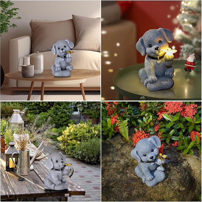 Solar Dog Statue Garden Decor with Butterfly Light – Waterproof Outdoor Yard Art for Patio, Lawn, Balcony for Mother’s Day, Father’s Day, Housewarming, Mom, Dad, Grandma, Men, Women-VerdiqueGarden