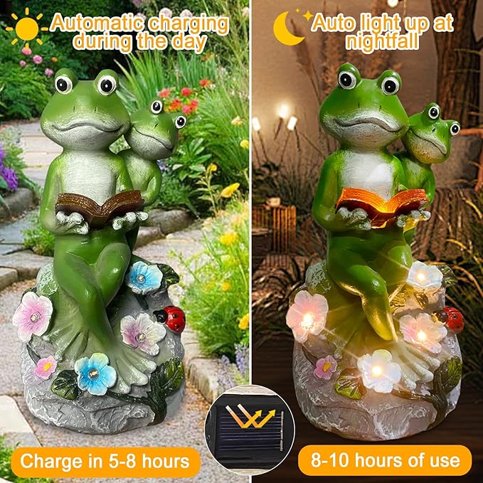 Frog Garden Statue,Frog Garden Decor,Solar Frog Statue Sitting on a Stone Reading a Book with 5 LEDs for Lawn Patio Yard Porch Decoration, Outdoor Garden Decor, yijiayi-008-VerdiqueGarden