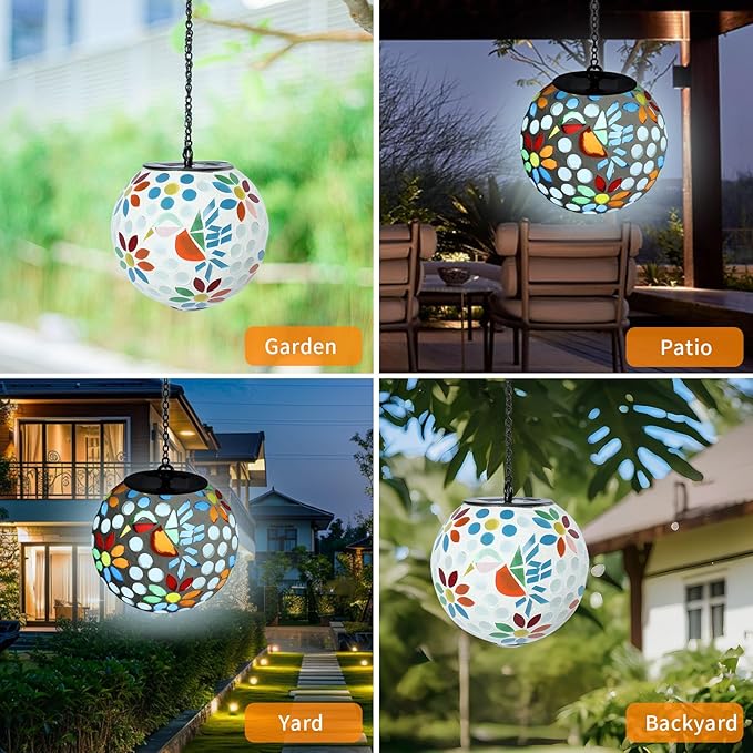 VCUTEKA Solar Chandelier Outdoor, Hanging Mosaic SolarLights with Hook Up, Solar Garden Lantern Decor for Yard, Deck and Patio, White-VerdiqueGarden