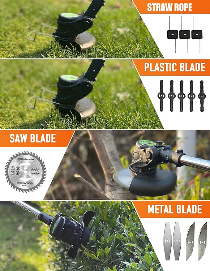 Weed Wacker 24V Eater Battery Brush Cutter, Electric Eater Battery Cordless stringles with 2 Batteries, 1 Charger, 3 Types Blades, Weed Wacker Battery Powered, Lightweight Battery Electric Weed-VerdiqueGarden