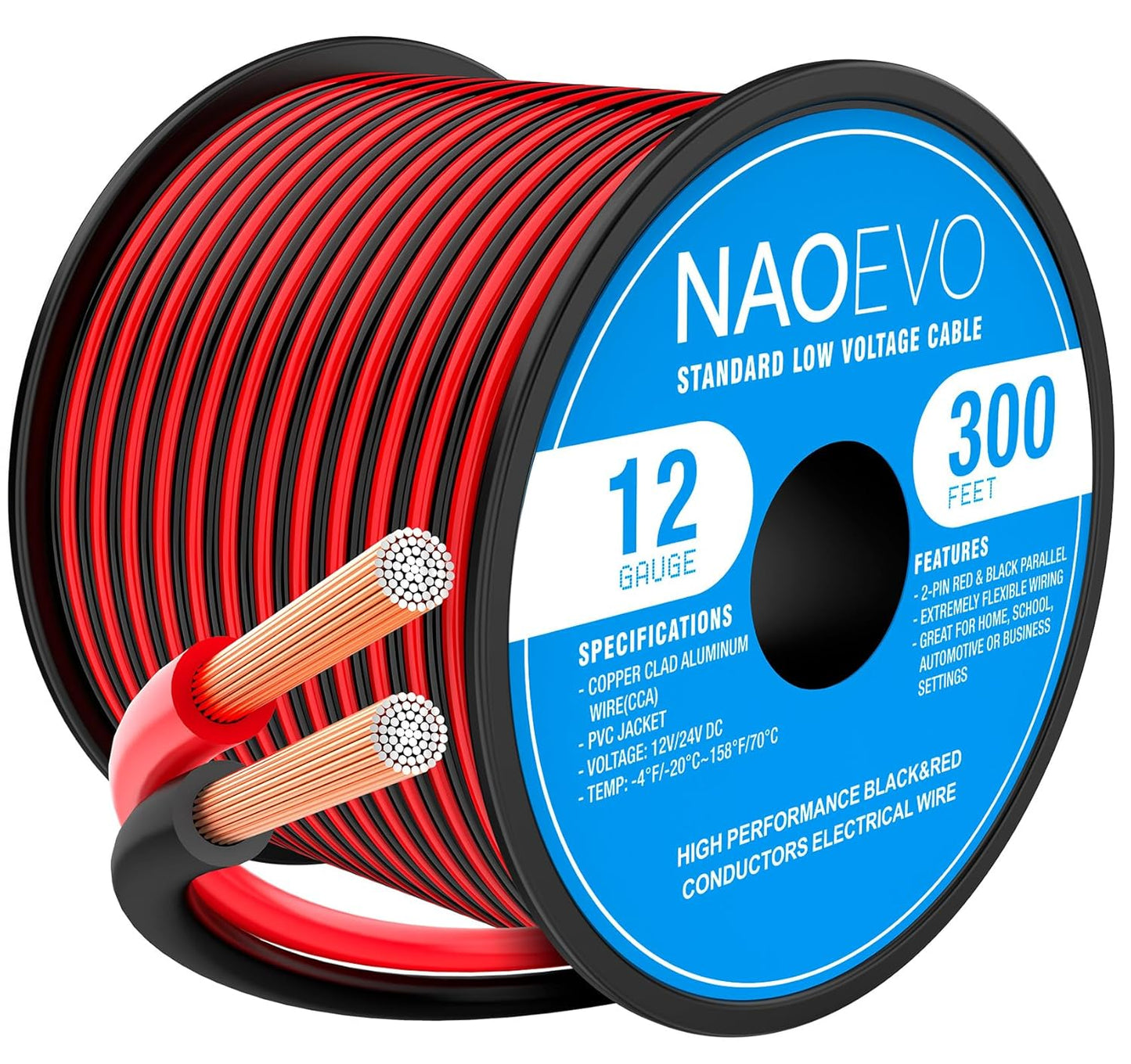 NAOEVO 12 Gauge Wire 300FT, 2 Conductors Electrical Wire Red Black Cable, Flexible/Low Voltage/PVC 12 AWG Copper Clad Aluminum Extension Cord for Speaker, LED Strips, Automotive 12V/24V DC-VerdiqueGarden