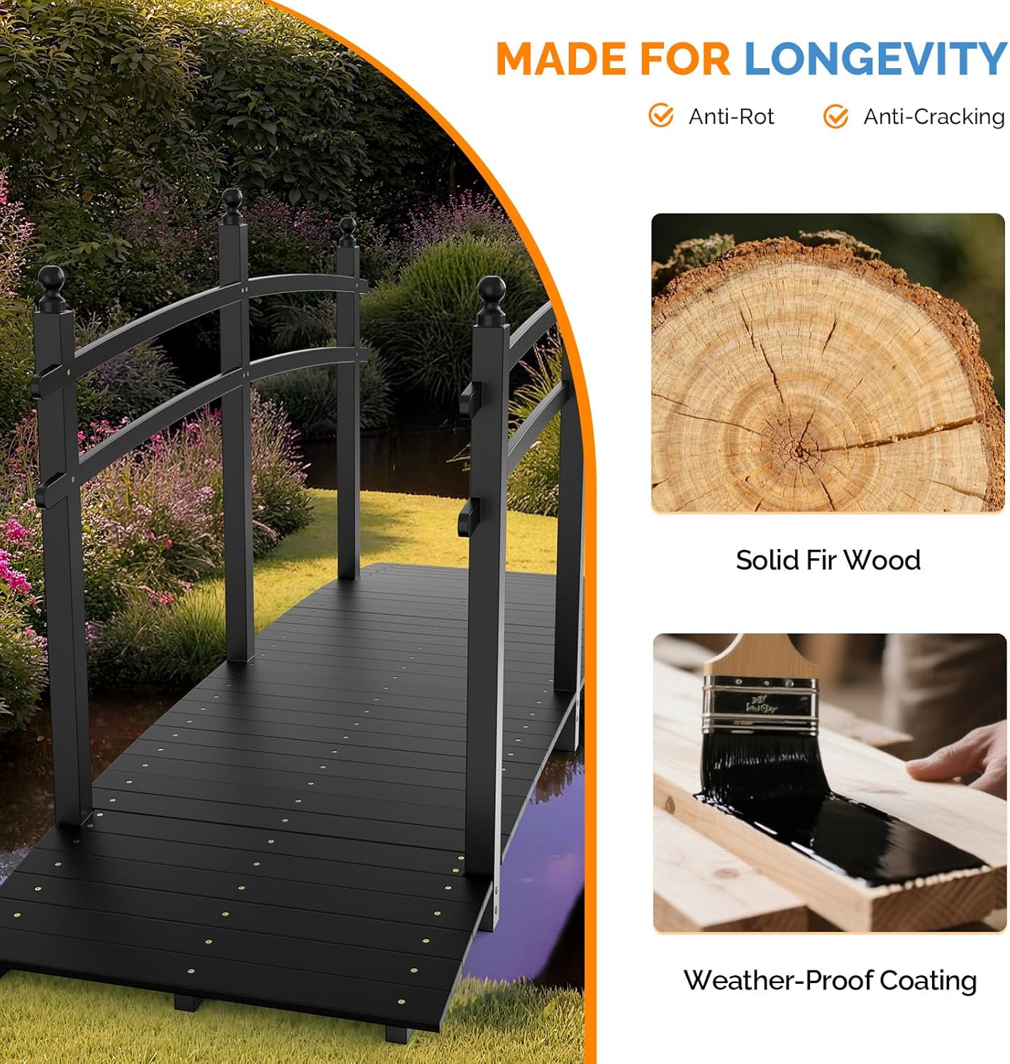 VINGLI Garden Bridge, Classic Wooden Arch with Safety Rails Footbridge (Black, 7.5 ft)-VerdiqueGarden