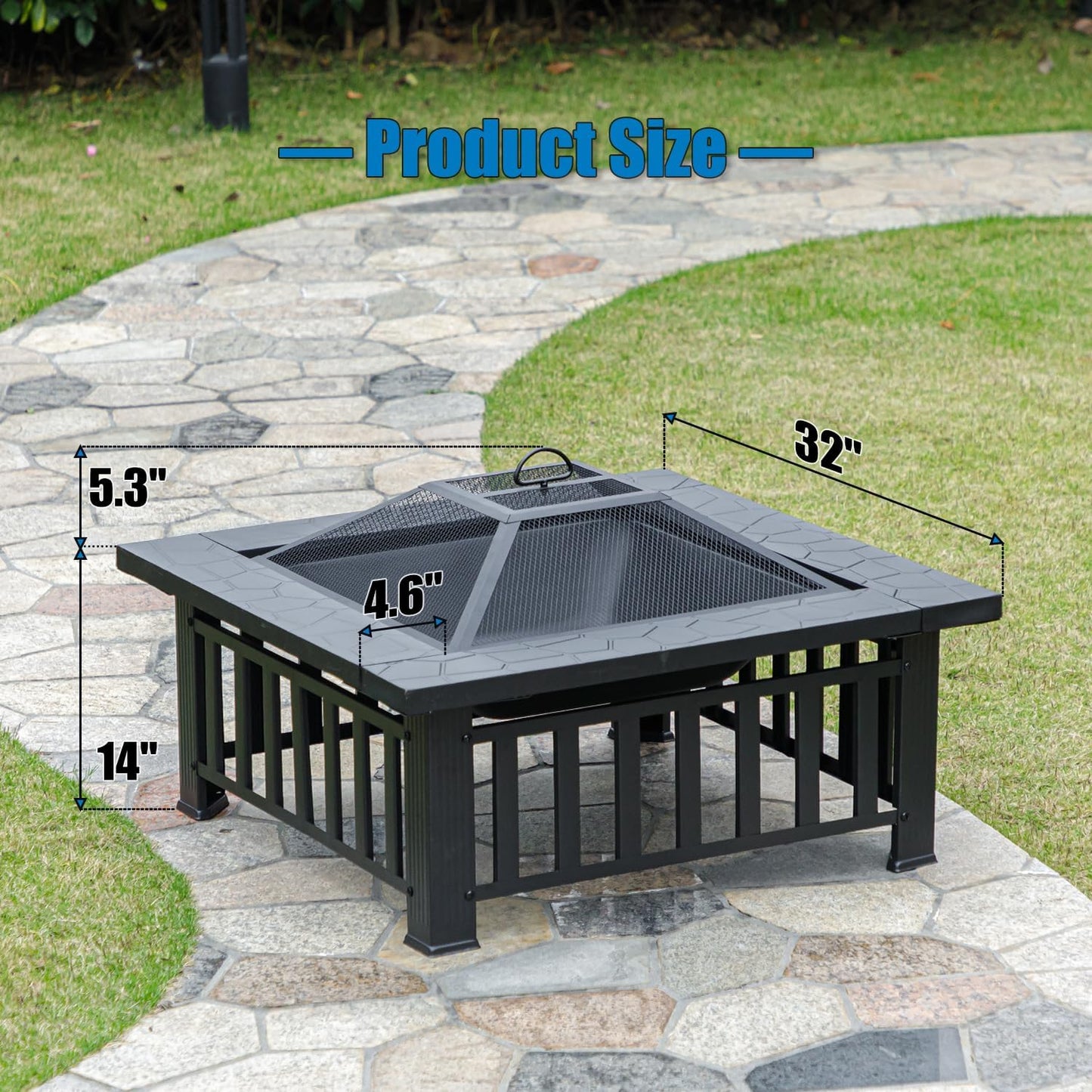 Multifunctional Fire Pit Table 32 inch Square Metal Firepit Stove Backyard Patio Garden Fireplace for Camping, Outdoor Heating, Bonfire and Picnic-VerdiqueGarden