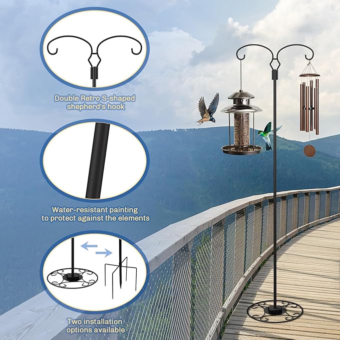 Liitrton 62.6 Inch Shepherds Hooks for Outdoor, Adjustbale Double Shepherds Hooks Hummingbird Feeder Stand Bird Feeder Pole Wind Chime Stand with Round Base, 4 Prongs Base and Water Weight Bag-VerdiqueGarden