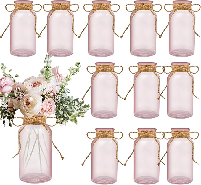 Vintage Glass Flower Vase，12 Pack Pink Farmhouse Glass Centerpiece Vases Mason Jars for Weddings, Parties & Home Decor Bulk (12, Pink)-VerdiqueGarden