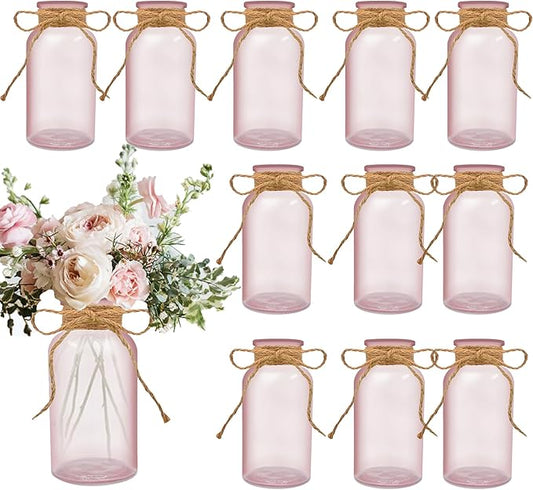 Vintage Glass Flower Vase，12 Pack Pink Farmhouse Glass Centerpiece Vases Mason Jars for Weddings, Parties & Home Decor Bulk (12, Pink)-VerdiqueGarden