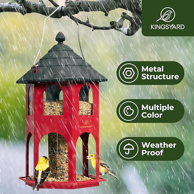 Kingsyard Metal Bird Feeder for Outdoor Hanging, Wild Bird Feeders with Circular Perch, Easy to Clean & Refill, 4 lbs Large Seed Capacity, Red-VerdiqueGarden