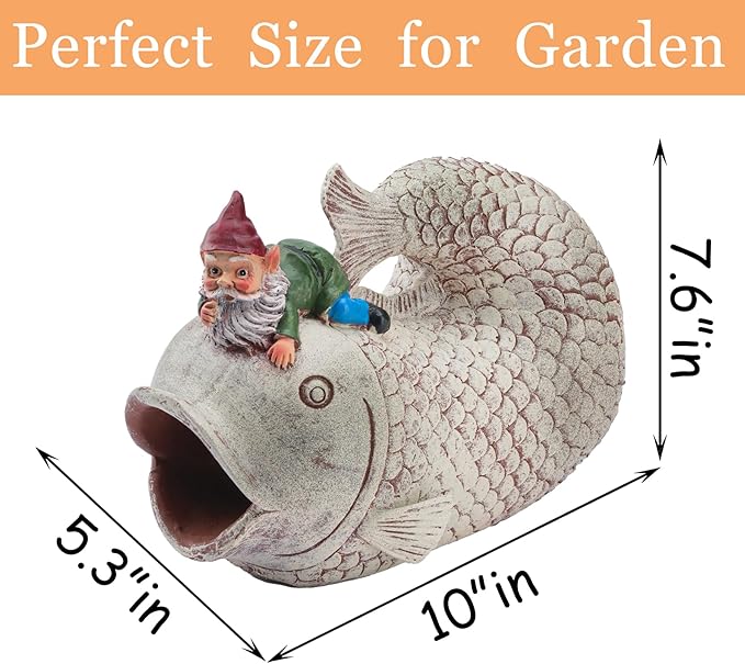 Gnome Fish Sculpture - Eco-Friendly Resin Gutter Diverter Rain, Outdoor Decor Sculpture, Garden Animal Statue, Gutter Downspout Splash Block, Decorative Extension, Ideal for 3"x4" Downspouts-VerdiqueGarden