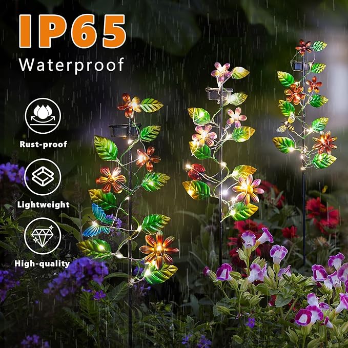 3 Pack Solar Garden Lights, Flower & Insect Metal Solar Stake Light, 23" H Outdoor Statues Figurine Lights for Garden Lawn Patio Yard Decoration-VerdiqueGarden
