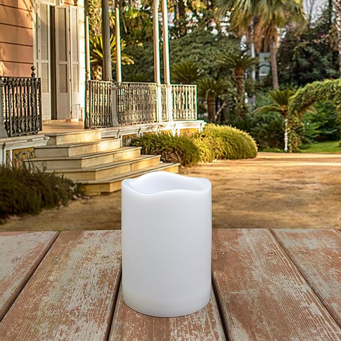 4" Outdoor Battery Operated Candle Waterproof Led Pillar Lights Flickering Flameless Candles with Timer Realistic Fake Electric Pillars for Lantern Garden Wedding Halloween Christmas Decorations,White-VerdiqueGarden
