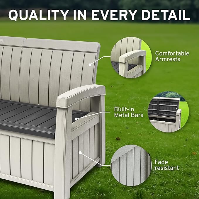 EconoHome 3 Seat Outdoor Storage Bench - 90 Gallon Capacity - Weatherproof Resin Bench for Patio, Porch, Garden, Yard, Pool Area - Furniture for Pool Accessories, Gardening Tools, Toys-VerdiqueGarden