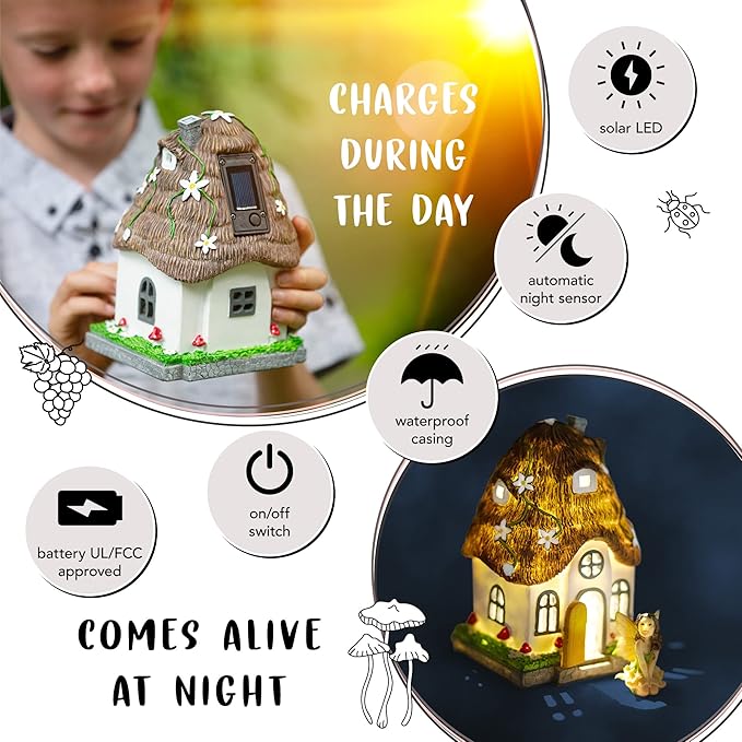 WILD PIXY Fairy Garden House - Glow in The Dark Fairy Cottage with Opening Door and Solar LED Light, Beautiful Miniature Garden Decoration for Indoor or Outdoor Fairy Gardens - 7.1" Fairy House-VerdiqueGarden