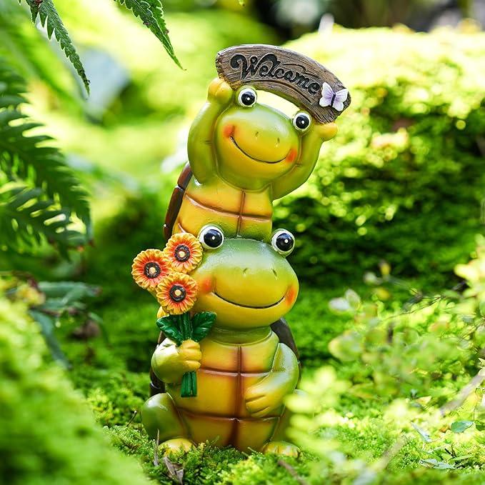Garden Turtle Outdoor Statues, Solar Garden Statue Two Sweet Frog Face Turtles Decor with 3 LED Lights, Unique Art Resin Gifts for Patio Lawn Porch Yard-VerdiqueGarden