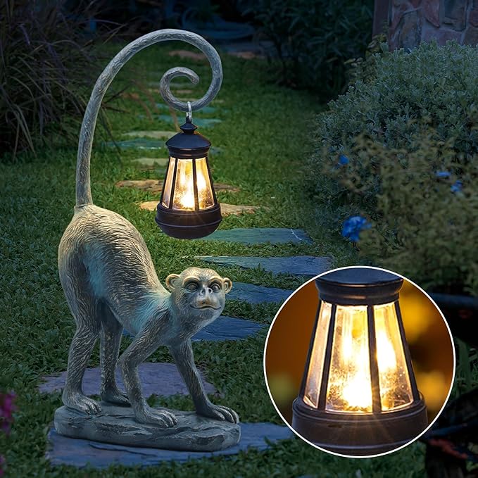 Resin Monkey Statue with Solar Light - Whimsical Garden Decor, Good Luck Gifts for Women,Outdoor Statues Yard Decor for Patio,Porch,Home - Unique Housewarming Gifts-VerdiqueGarden