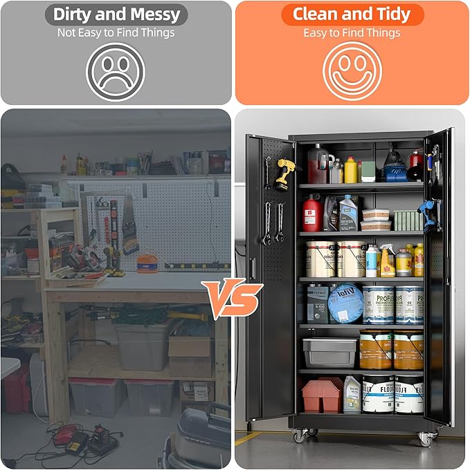 71" H×32" W×16" D Garage Storage Cabinet with Wheels, Locking Metal Storage Cabinet with 5 Adjustable Shelves, 4 Hooks and Pegboard for Garage, Home Office, Kitchen, Black, Assembly Required-VerdiqueGarden