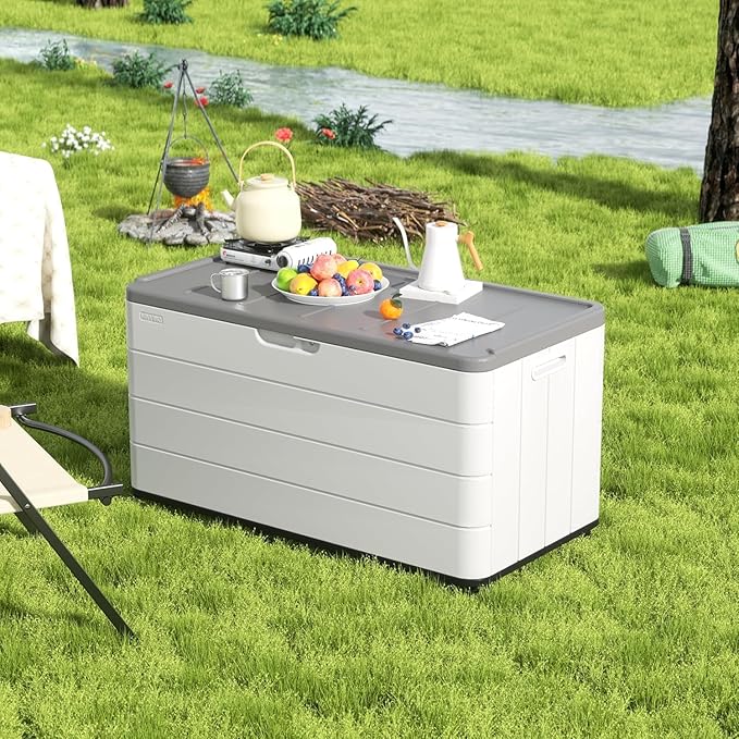 100GAL White Resin Deck Box with Wheels – Lockable, Waterproof, SGS-Tested UV Resistance, Spacious Outdoor Storage for Patio Cushions & Pool Gear, Easy Assembly-VerdiqueGarden