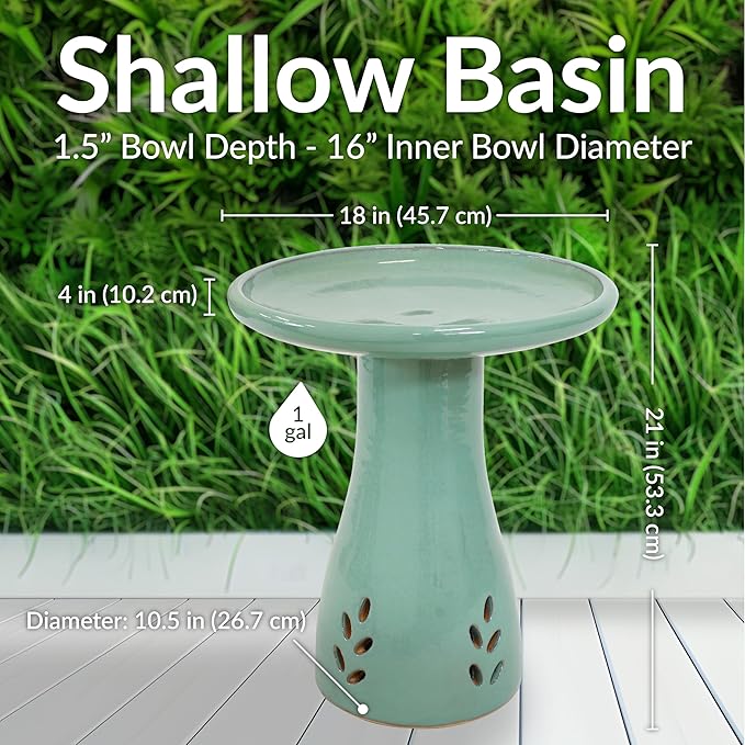 Sunnydaze 21" H Ceramic Bird Bath for Outside - Hand-Painted Outdoor Bird Bath Bowl, UV/Frost-Resistant Finish - Seafoam - Cut Out Pedestal-VerdiqueGarden