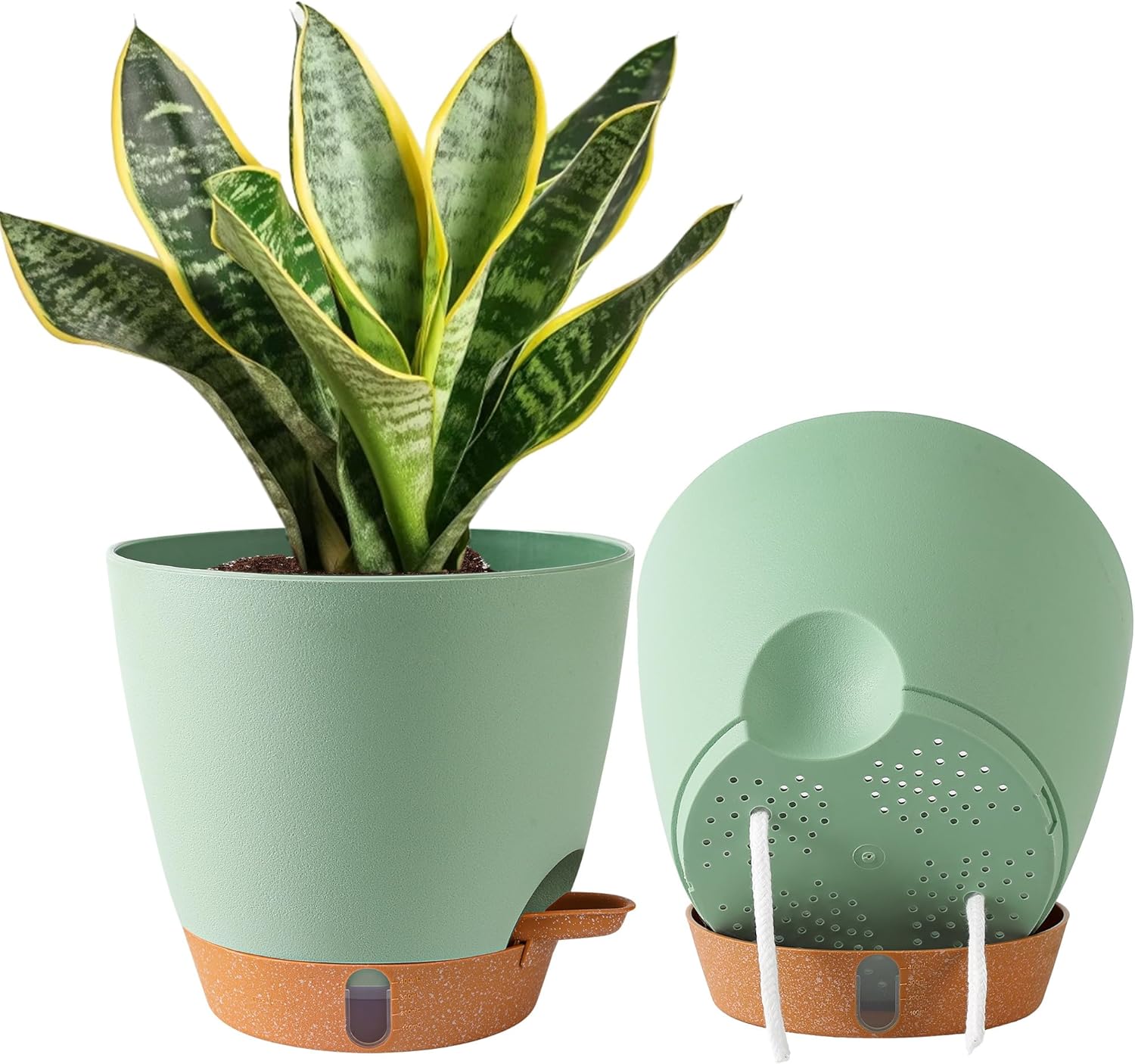 2 Pack 8 Inch Pots for Plants Indoor, Plastic Self Watering Planters with Drainage Holes, Water Level Indicator & Deep Reservoir, Decorative Flower Pots Indoor Outdoor Use (Green-VerdiqueGarden