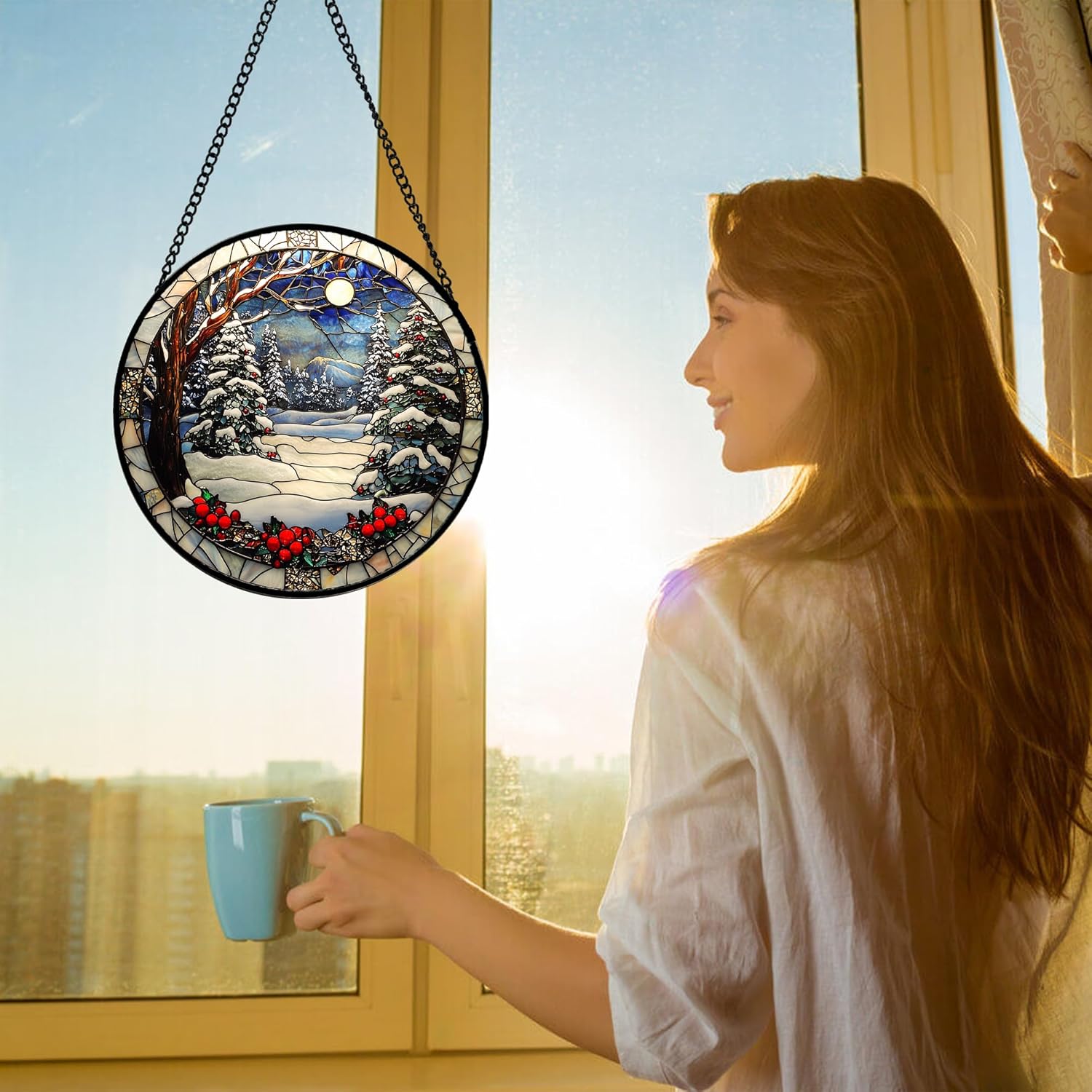 Stained Glass Window Hanging Christmas Tree Winter Snow Night Scenery 7.8" - Suncatcher Door Garden Kitchen Sun Catcher Home Decor Birthday for Mom Men Woman Friend-VerdiqueGarden