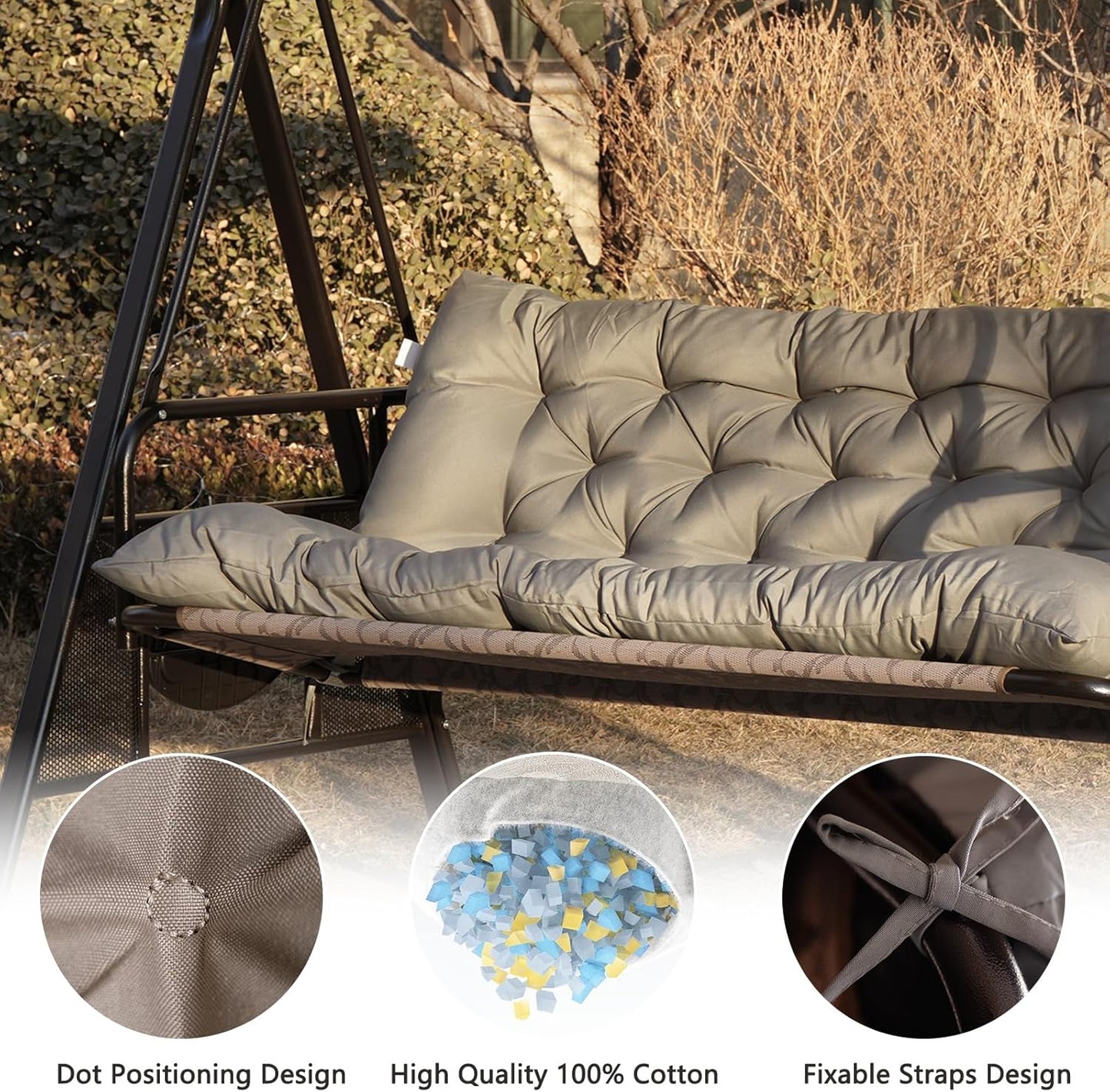 Outdoor Swing Cushions,Waterproof Swing Cushions 3 Seater Replacement with Backrest,Outdoor Thickened Bench Cushion with Ties for Porch,Patio,Backyard,Garden and Lawn (Khaki 60 * 40 in)-VerdiqueGarden