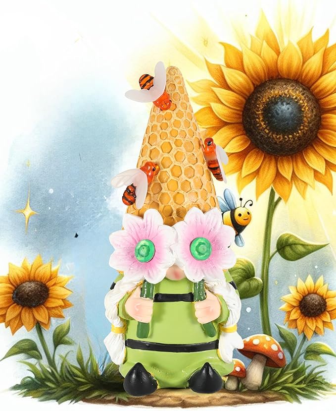 iStatue Solar Garden Gnome Figurine Light with Bees Sunflower, 9.5'' Resin Outdoor Statue for Yard Patio Decor Lawn Ornaments Porch Garden Gifts for Women/Girl (Ms Bee Gnome)-VerdiqueGarden