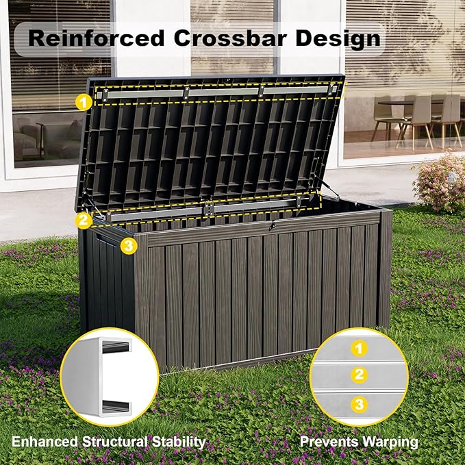 DRATO 150 Gallon Outdoor Storage Box, Large Waterproof Deck Box, Lockable Resin Storage Container with Reinforced Support for Patio Cushions, Garden Tools, UV-Resistant Outdoor Chest（Black）-VerdiqueGarden