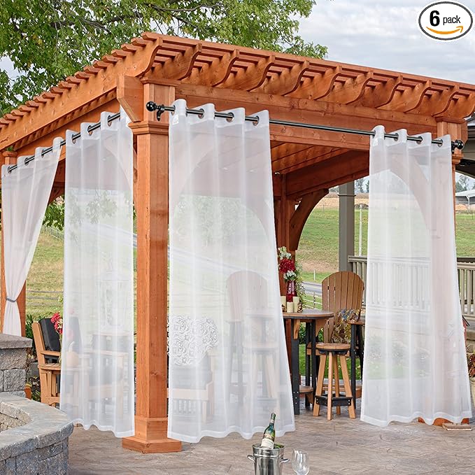 HolidayIdeas White Outdoor Sheer Curtains for Patio Waterproof, 6 Panels - 54 x 84 Inch - Light Filtering Voile Outside Curtains Grommet Drapes for Front Porch, Gazebo, Pergola, Backyard-VerdiqueGarden