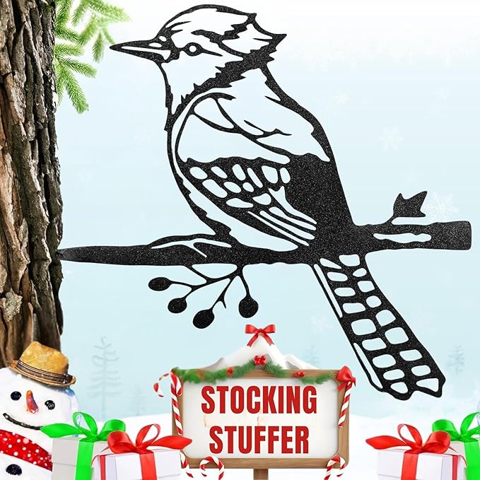 Renovatio Metal Bird Decor – Rustic Bluejay Decoration, Metal Garden Sculpture, Outdoor Tree Ornaments – A Unique Outdoor Yard Decor – Bluejay (Black)-VerdiqueGarden