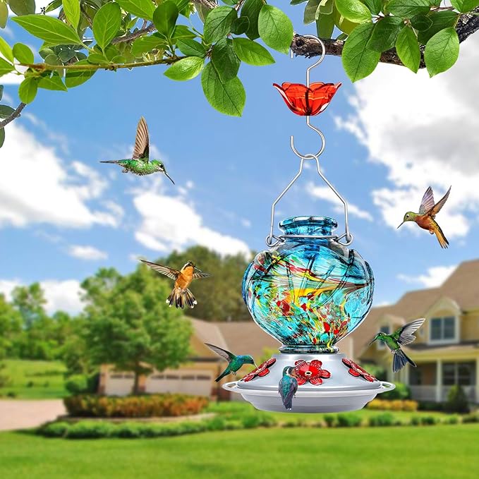 BOLITE Hummingbird Feeder, Hand Blown Glass Hummingbird Feeders for Outdoors Hanging, with Ant Moat and 5 Feeding Ports, 22 Ounces, Peony Flower Shape, Blue, Gifts for Women Men, Gifts for Mom Dad-VerdiqueGarden
