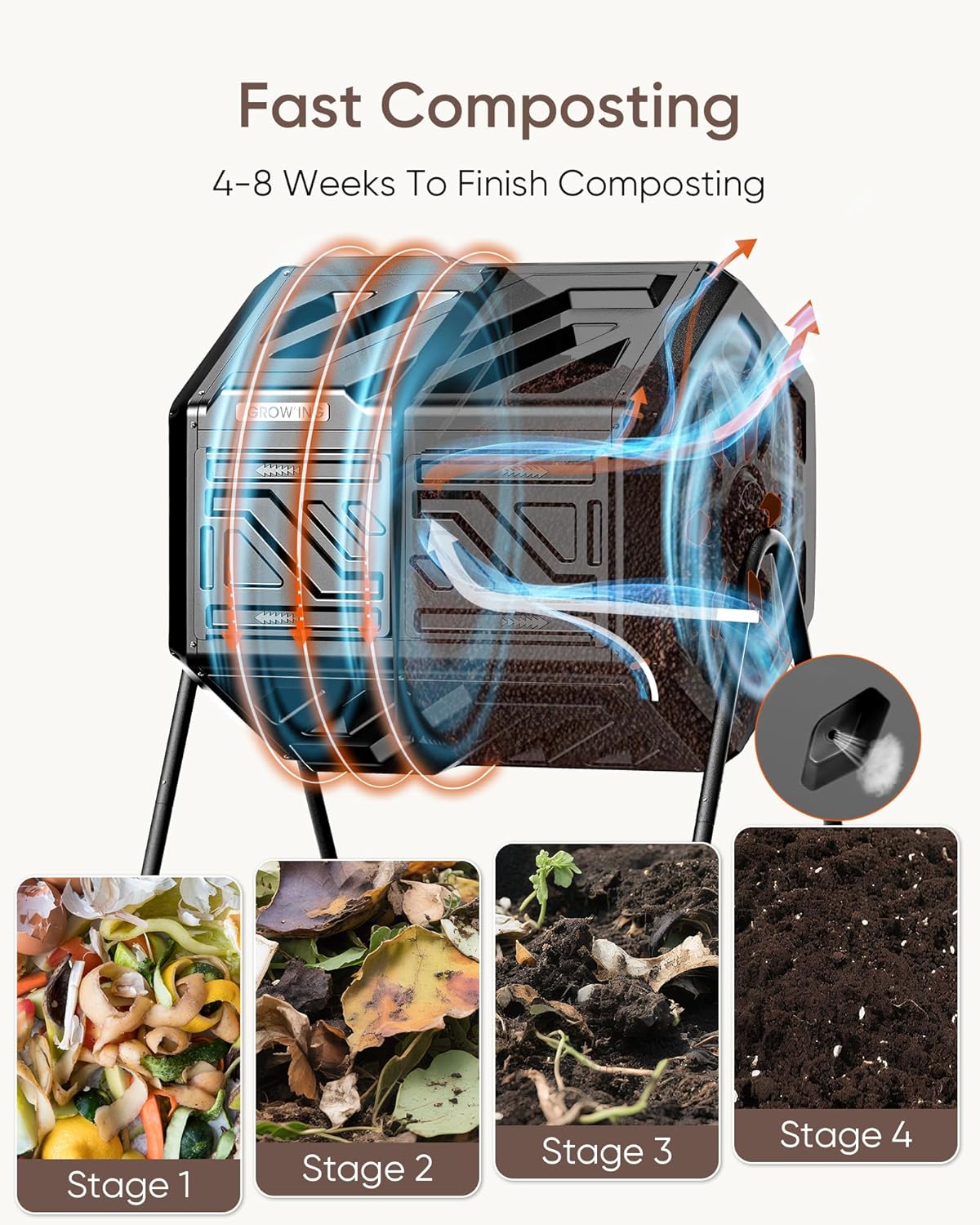 THEGROW'ING Updated 43 Gallon Compost Bin Outdoor, Fast Assemble Tumbling Composter, Dual Chamber Composter Tumbler, Rotating Compost Bin for Outside, Backyard, Garden and Yard, Black-VerdiqueGarden