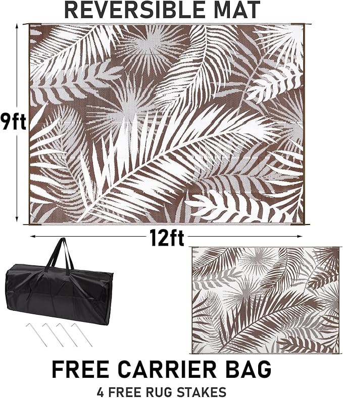 HiiARug Outdoor Rugs 9'x12' for Patios Clearance Brown Reversible Outdoor Rug, Outdoor Plastic Straw Rug RV Camping Rug Large Outdoor Mat for RV, Patio, Backyard, Deck, Picnic, Beach, Trailer, Camping-VerdiqueGarden