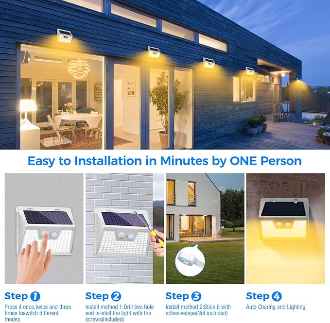 Peasur Solar Lights Outdoor Motion Sensor Waterproof, 6Pack 140LED White Solar Powered Fence Lights, 3 Modes Security Wall Lights for Garden Yard Outside Warm-VerdiqueGarden