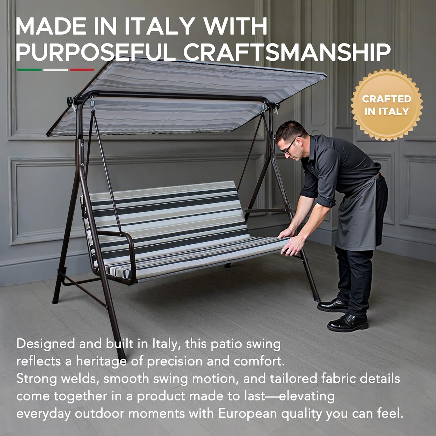 SUNJOY Outdoor Porch Swing, 2 Seat Patio Metal Porch Swing Seats with Adjustable Canopy and Removable Cushion for Garden, Poolside, Backyard, Bronze - Made in Italy-VerdiqueGarden