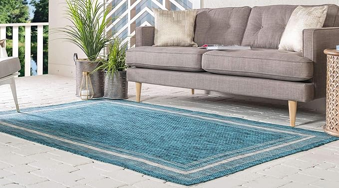 Unique Loom Outdoor Border Collection Area Rug - Soft Border (8'x 11' 4" Rectangle, Teal/ Ivory)-VerdiqueGarden