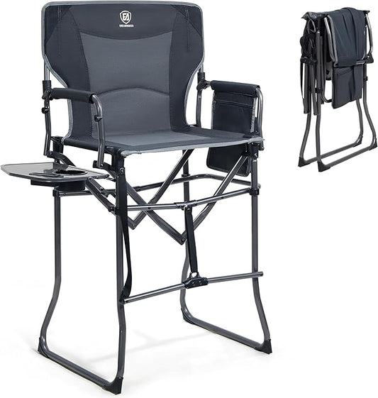 EVER ADVANCED Portable 30.7" Seat Height Tall Folding Camping Chair Directors Chair High Foldable Bar Stool with Side Table for Makeup Artist, Sports Event, Craft Show, Supports 350LBS Grey-VerdiqueGarden