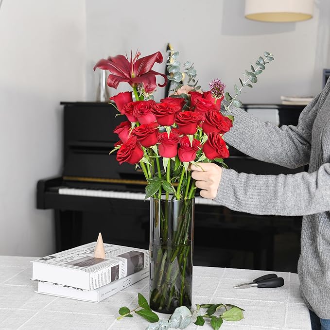 Flower Vase, Non-breakable Vases, 4" W x 10" H, Acrylic Grey Vase, Aesthetic Room Decor Cylindrical Modern Flower Vases for Table Centerpiece, Home Decor, Women Floral Arrangement Gift-VerdiqueGarden