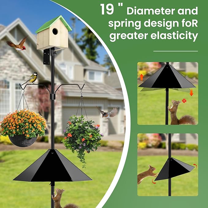 Bird Feeder Pole, 79 Inch Heavy Duty Bird House Pole Mount Kit for Outdoors, Adjustable Feeding Stand, with 2-Hooks, Metal Squirrel Baffle and 5-Prong Base, Black-VerdiqueGarden