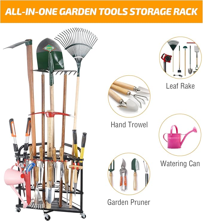 PLKOW Garden Tool Organizer with Wheels and Storage Hooks, Rolling Corner Tool Storage Rack for Garden, Shed, Garage, Powder Coated Steel, Black-VerdiqueGarden
