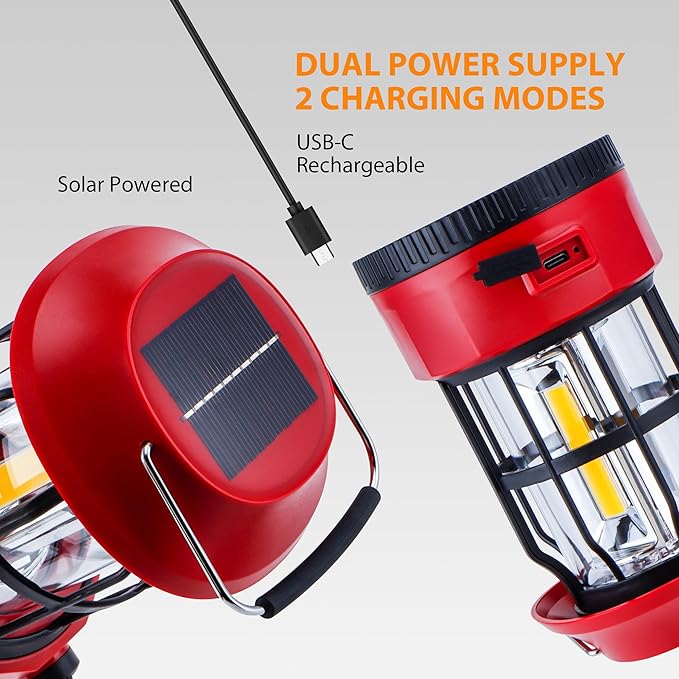 TRIROCKS Set of 2 LED Solar Camping Lantern Dimmable Rechargeable Lantern IPX3 Water-Resistant Portable Emergency Lights Outdoor Camping Lights for Camping Home Power Outage Hurricane Hiking (Red)-VerdiqueGarden