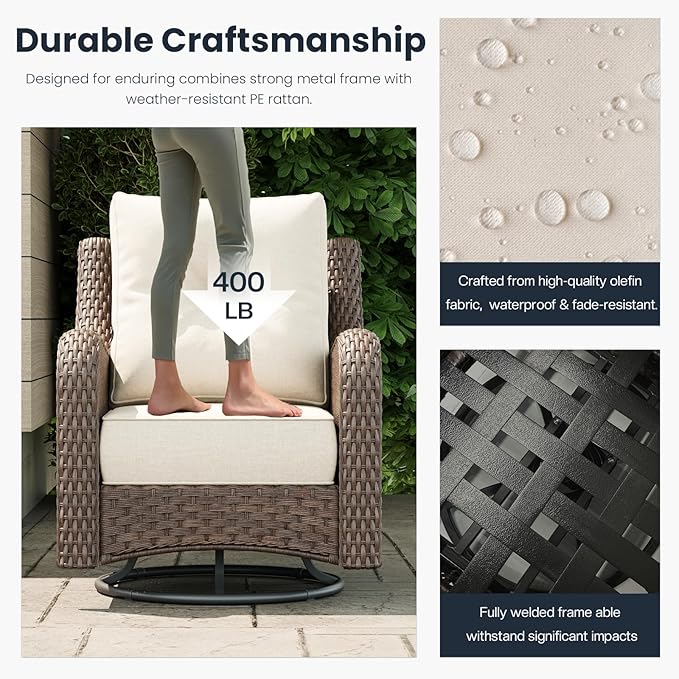 7 Pieces Outdoor Patio Furniture Sets with Rocking Swivel Chairs with 6-inch Thick Cushion and Fire Pit Table for Deck Lawn-VerdiqueGarden