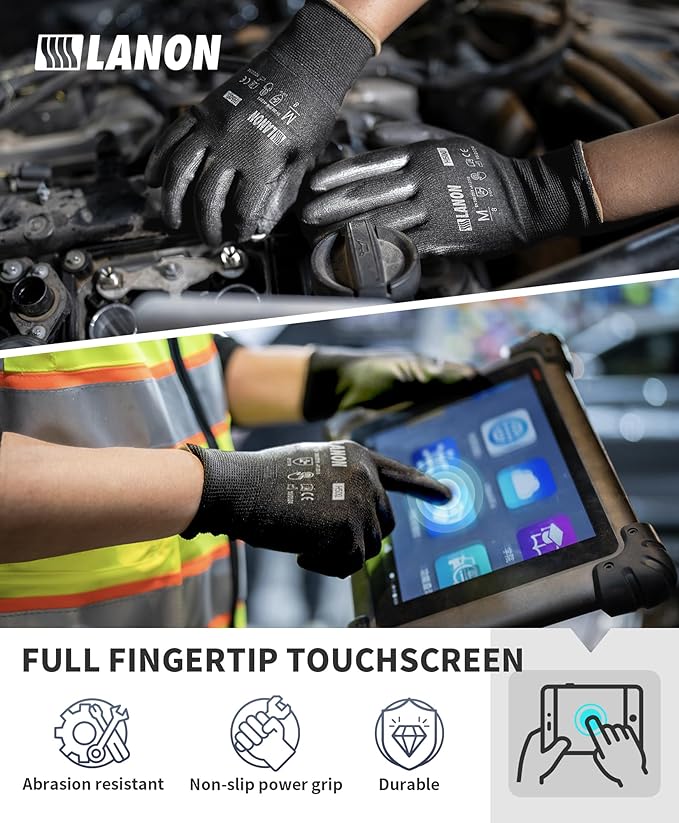 LANON 12 Pairs Safety Work Gloves, Mechanic Working Gloves for Men, PU Coated, Seamless Knit, Lightweight, Black, XL-VerdiqueGarden